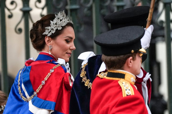 The Princess of Wales arrives at Westminster Abbey prior to the coronation ceremony of Britain's King Charles III in London on Saturday.