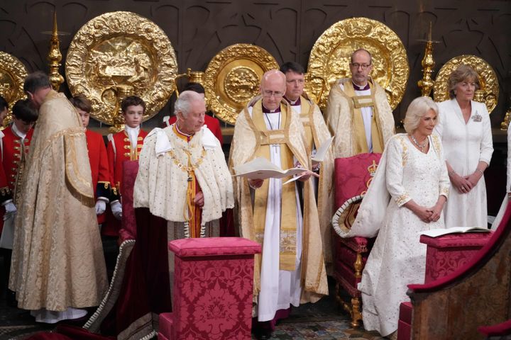 Britain's King Charles III and Britain's Camilla, Queen Consort attend their coronations at Westminster Abbey.