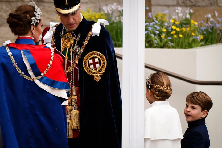 Prince William, the Princess of Wales, Princess Charlotte and Prince Louis arrive at Westminster Abbey in London on Saturday, ahead of the coronations of King Charles III and Queen Camilla.