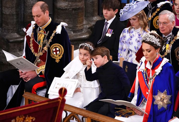 The Wales family -- minus Prince George, who was seated elsewhere as a Page of Honour -- inside Westminster Abbey. 
