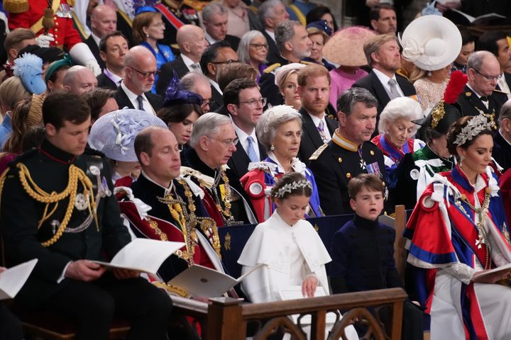 The Duke of Sussex glances in the direction of his brother during the coronation ceremony of King Charles III and Queen Camilla in Westminster Abbey. 