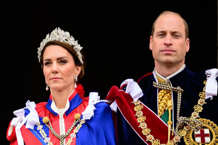 The Prince and Princess of Wales stand on the Buckingham Palace balcony following the coronations of King Charles III and Queen Camilla on May 6. 