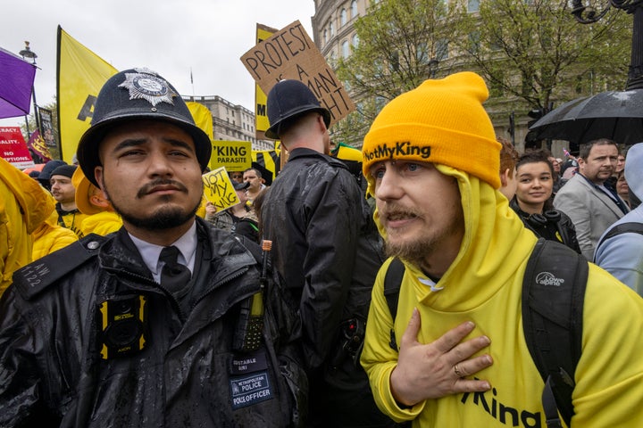 Protestors from the group Republic gather in their hundreds in Trafalgar square to say 'Not My King' in central London.