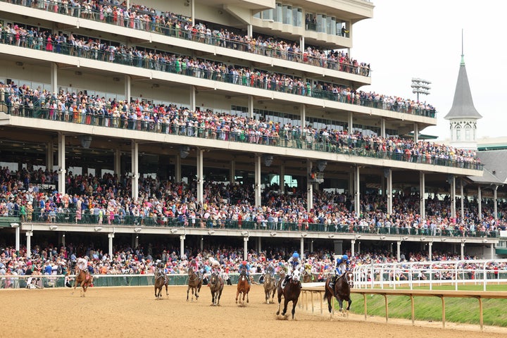 LOUISVILLE, KENTUCKY - MAY 06: Horses gallop out competing in the sixth race ahead of the 149th Kentucky Derby at Churchill Downs on May 06, 2023 in Louisville, Kentucky. (Photo by Michael Reaves/Getty Images)