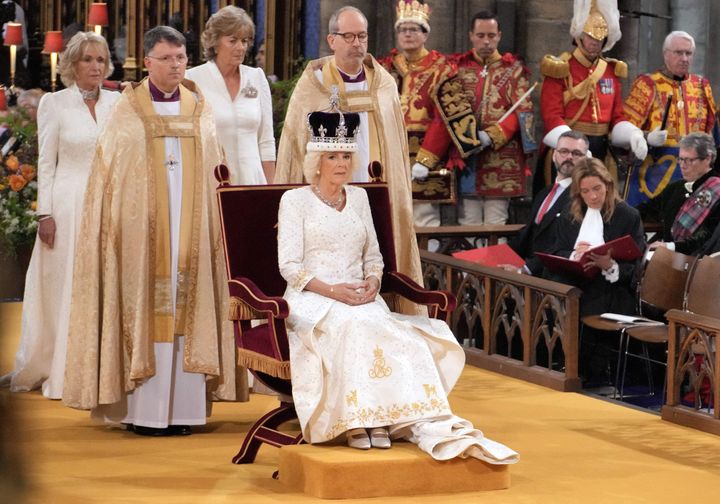 Camilla sits on the throne during the coronation ceremony inside Westminster Abbey in central London, on May 6, 2023.