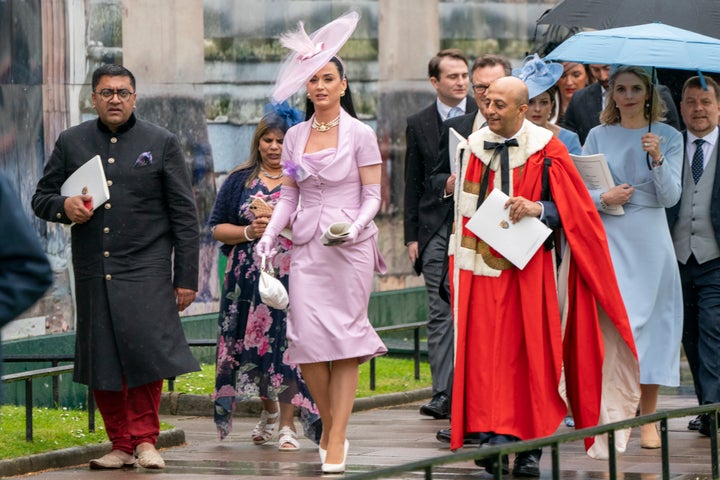 Katy Perry leaves Westminster Abbey following the coronation.