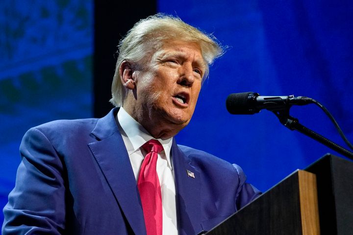 FILE - Former President Donald Trump speaks at the National Rifle Association Convention in April. E. Jean Carroll alleges that Trump raped her in a New York luxury department store dressing room in the mid-1990s.