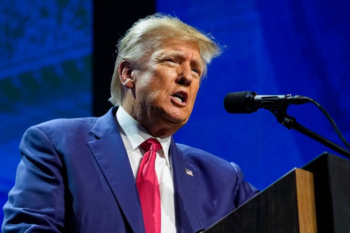 FILE - Former President Donald Trump speaks at the National Rifle Association Convention in April. E. Jean Carroll alleges that Trump raped her in a New York luxury department store dressing room in the mid-1990s.