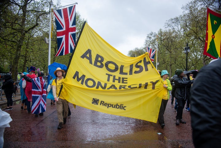 Anti-monarchists staged a protest in Trafalgar Square during the coronation of King Charles III.