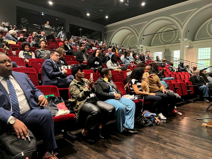 People listen to the California reparations task force, a nine-member committee studying restitution proposals for African Americans, at a meeting at Lesser Hall in Mills College at Northeastern University in Oakland, Calif., on Saturday, May 6, 2023. 