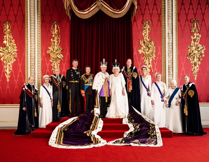 Charles and Camilla with working members of the royal family, including (from left) the Duke of Kent, the Duchess of Gloucester, the Duke of Gloucester, Vice Admiral Sir Tim Laurence, the Princess Royal, the king and queen, the Prince of Wales, the Princess of Wales, the Duchess of Edinburgh, Princess Alexandra, and the Duke of Edinburgh.