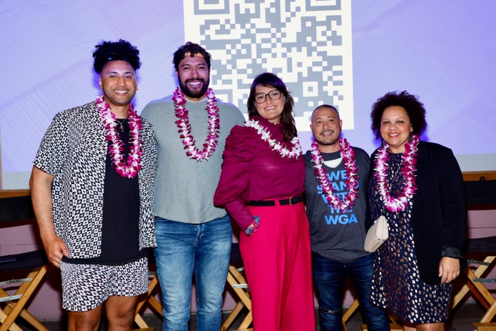 (Left) Kristian Fanene Schmidt, Uli Latukefu, Dana Ledoux Miller, Freddie Gutierrez and Kerry Warkia at the PEAK event on May 4.