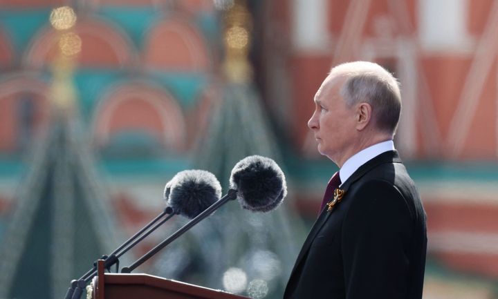 Russian President Vladimir Putin gives a speech during the Victory Day military parade at Red Square in central Moscow on May 9, 2023