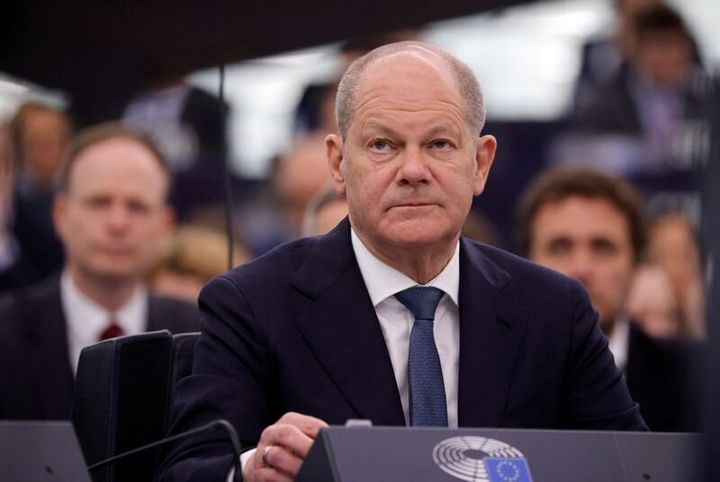 German Chancellor Olaf Scholz attends a plenary session at the European Parliament in Strasbourg, France, May 9, 2023. REUTERS/Johanna Geron