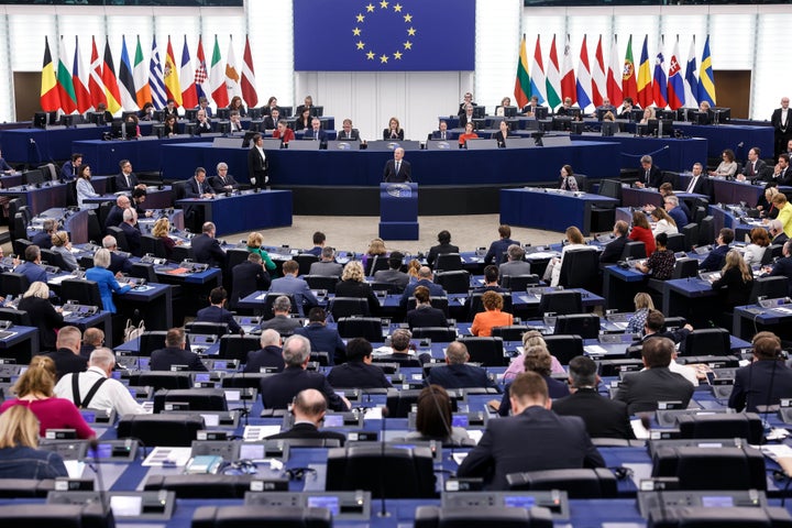 German Chancellor Olaf Scholz delivers his speech during a debate about Europe, Tuesday, may 9, 2023 at the European Parliament in Strasbourg, eastern France. (AP Photo/Jean-Francois Badias)