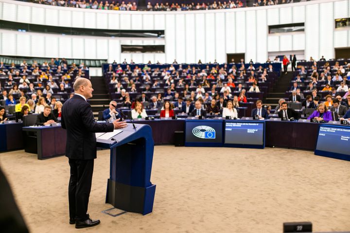 09 May 2023, France, Straßburg: German Chancellor Olaf Scholz (SPD) stands in the European Parliament building and speaks. Also on the agenda for Tuesday are debates on the European Year of Skills and votes on Brexit rules for dealing with the British province of Northern Ireland. Photo: Philipp von Ditfurth/dpa (Photo by Philipp von Ditfurth/picture alliance via Getty Images)