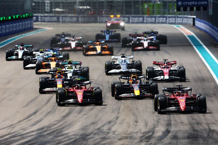 Formula 1 drivers at the start during the F1 Grand Prix of Miami on May 8, 2022 in Miami, Florida.