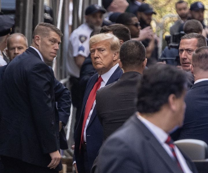 Former President Donald Trump is seen outside the New York criminal court on April 4 to face an indictment brought by Manhattan District Attorney Alvin Bragg.