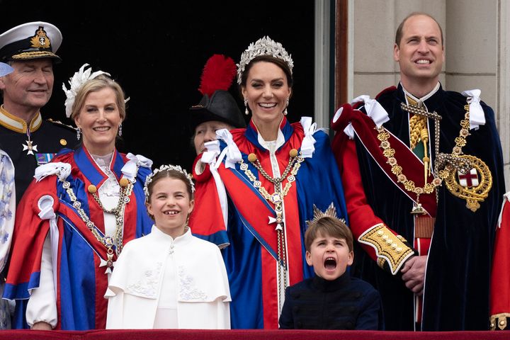 Sophie, Duchess of Edinburgh, Princess Charlotte, Princess Anne, the Princess of Wales, Prince Louis and Prince William at Buckingham Palace following the coronation of King Charles III and Queen Camilla on May 6. 