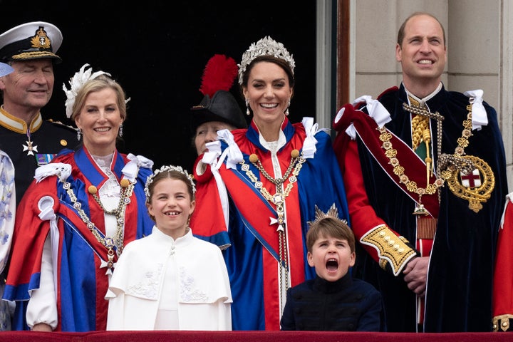 Sophie, Duchess of Edinburgh, Princess Charlotte, Princess Anne, the Princess of Wales, Prince Louis and Prince William at Buckingham Palace following the coronation of King Charles III and Queen Camilla on May 6. 