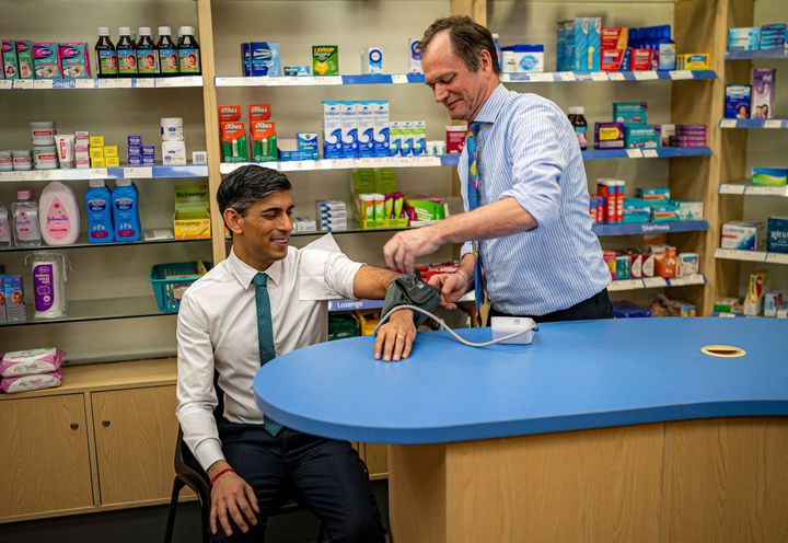 Prime minister Rishi Sunak has his blood pressure checked during a visit to a GP surgery and pharmacy on the south coast.