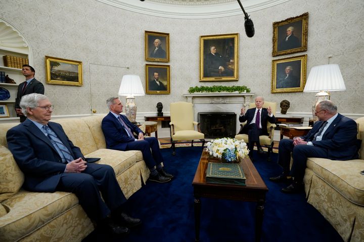President Joe Biden meets with Speaker of the House Kevin McCarthy (R-Calif.), center left, Senate Majority Leader Sen. Chuck Schumer (D-N.Y.), right, Senate Minority Leader Mitch McConnell (R-Ky.), left, to discuss the debt limit in the Oval Office of the White House on Tuesday, May 9.