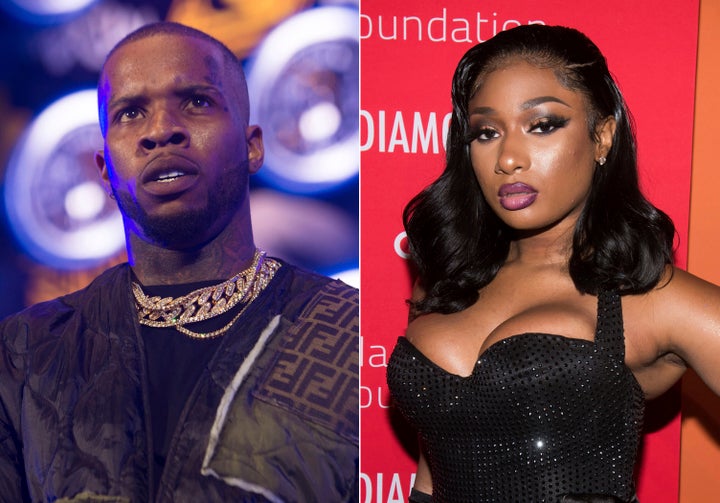 This combination photo shows Tory Lanez performing at HOT 97 Summer Jam 2019 in East Rutherford, N.J. on June 2, 2019, left, and Megan Thee Stallion attending the 5th annual Diamond Ball benefit gala in New York on Sept. 12, 2019. Rapper Tory Lanez pleaded not guilty through his attorney Wednesday to felony assault charges in the July shooting of hip-hop star Megan Thee Stallion. 