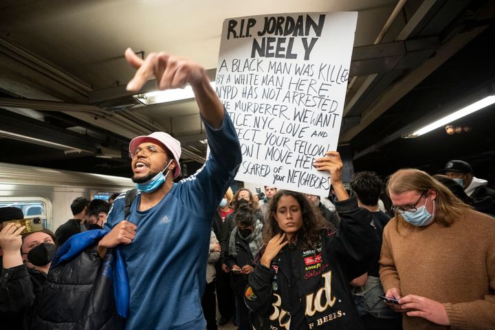 Protesters chant at a vigil in a New York subway station on May 3 in New York.