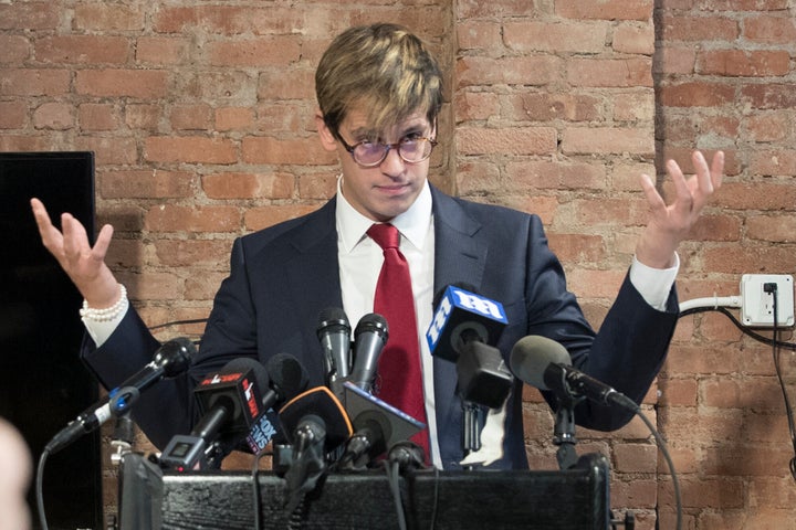 Milo Yiannopoulos speaks during a news conference on Feb. 21, 2017, in New York. He resigned as editor of Breitbart Tech after coming under fire from other conservatives over comments on sexual relationships between boys and older men.