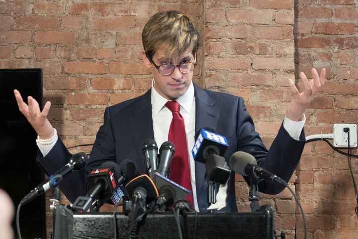 Milo Yiannopoulos speaks during a news conference on Feb. 21, 2017, in New York. He resigned as editor of Breitbart Tech after coming under fire from other conservatives over comments on sexual relationships between boys and older men.