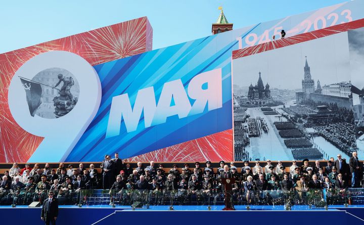 Vladimir Putin gives a speech during the Victory Day military parade at Red Square in central Moscow.