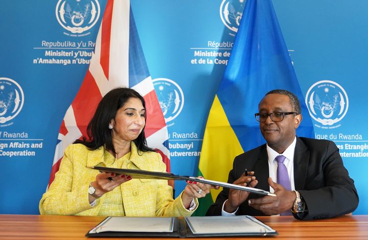 Home Secretary Suella Braverman and Rwandan minister for foreign affairs and international co-operation, Vincent Biruta sign an enhanced partnership deal in Kigali, during her visit to Rwanda. 