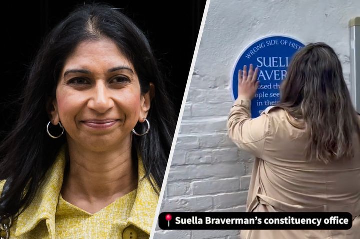 Suella Braverman and a campaigner outside her constituency