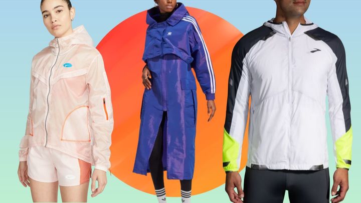 A Nike translucent windbreaker, two-piece full-length windbreaker and a high-visibility running jacket.