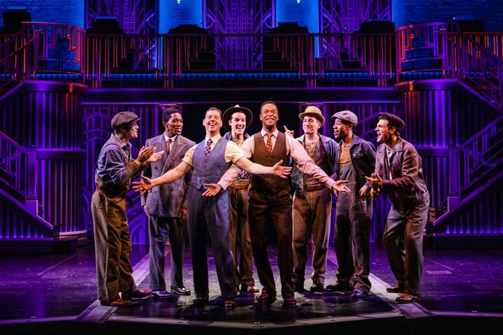 Christian Borle (center left) and J. Harrison Ghee (center right) star in the musical "Some Like It Hot," now on Broadway.
