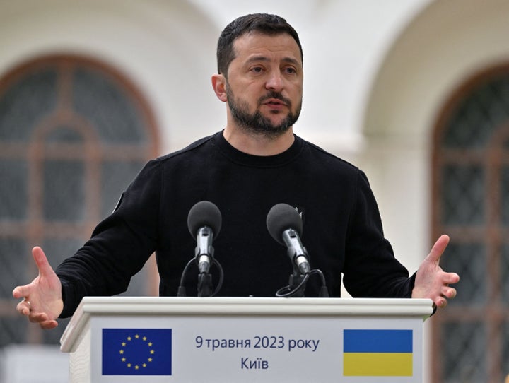 Ukrainian President Volodymyr Zelenskyy speaks during a press conference with President of the European Commission in Kyiv on May 9, 2023.