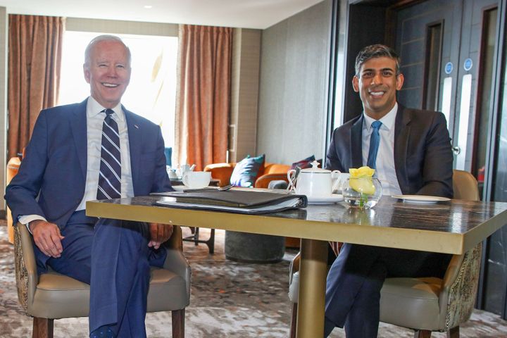 President Joe Biden meets with prime minister Rishi Sunak as part of a four day trip to Northern Ireland and Ireland for the 25th anniversary commemorations of the Good Friday Agreement on April 12, 2023 in Belfast.