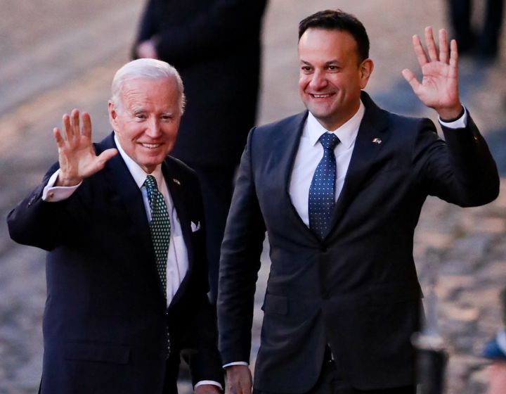 US President Joe Biden greeted by Taoiseach Leo Varadkar as he arrives for a state dinner at Dublin Castle Thursday April 13, 2023.
