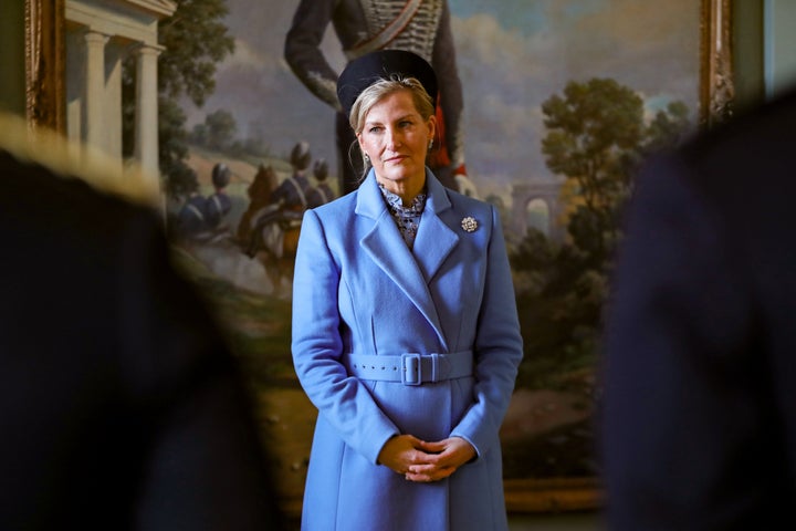 Sophie, then-Countess of Wessex, represents the queen as the Reviewing Officer at The Sovereign's Parade at Royal Military Academy Sandhurst on Dec. 13, 2019.