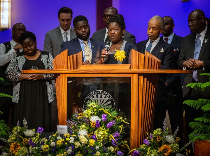 RICHMOND, VA - MARCH 29: Caroline Ouko makes remarks at the funeral for her son Irvo Otieno, killed by sherrifs deputies and employees of Central State Hospital earlier this month, in Richmond, VA. (Photo by Bill O'Leary/The Washington Post via Getty Images)