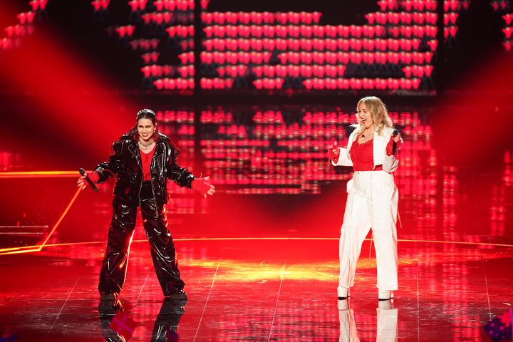 Teya And Salena of Austria perform Who the Hell Is Edgar? during the Eurovision Song Contest semi-final in Liverpool.
