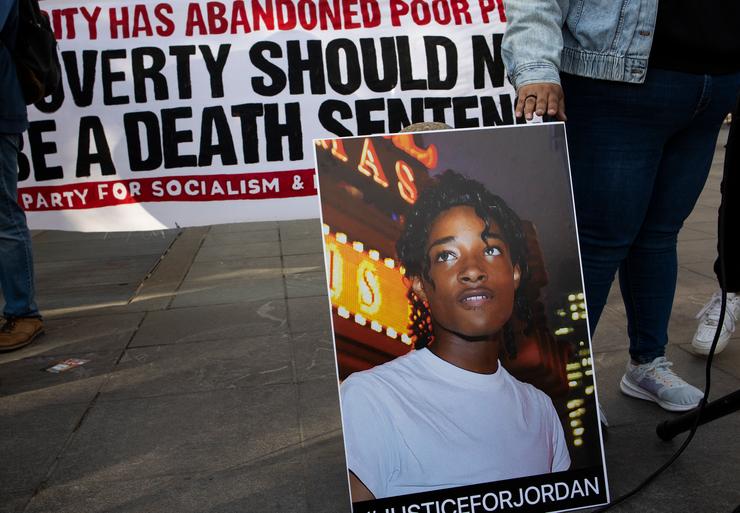 People attend a rally to protest the death of Jordan Neely, a homeless man who was choked to death on the subway, on May 5, 2023, in Washington Square Park, New York City, New York.