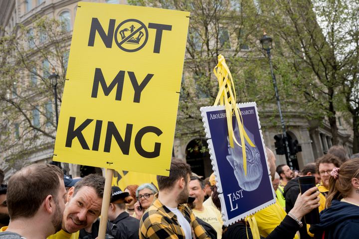 Members of the anti-monarchist group 'Republic' protest in Trafalgar Square on the coronation day of King Charles III, on May 6, 2023.