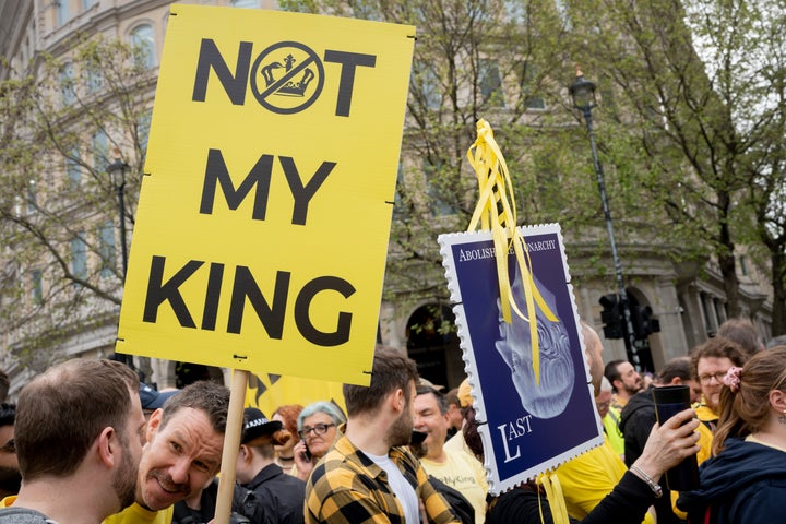 Members of the anti-monarchist group 'Republic' protest in Trafalgar Square on the coronation day of King Charles III, on May 6, 2023.