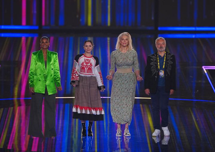 Eurovision hosts Alesha Dixon, Julia Sanina, Hannah Waddingham and Graham Norton during the dress rehearsal 