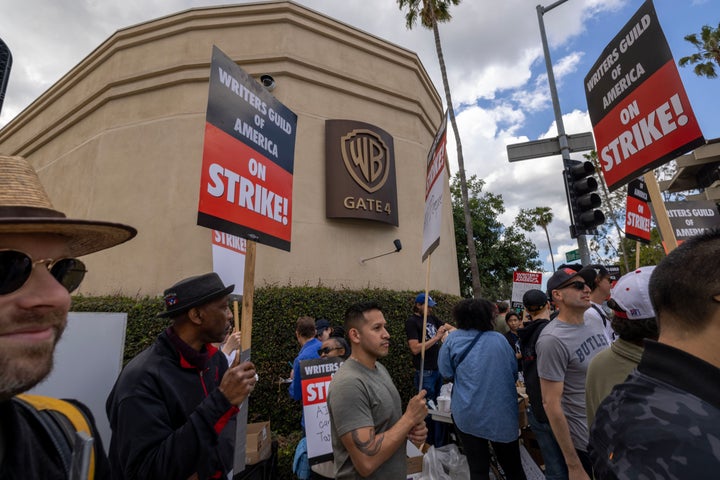 Writers picket outside of Warner Bros. Studios in Burbank, California.