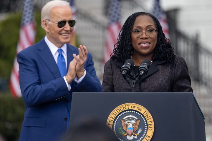 Supreme Court Justice Ketanji Brown Jackson gives remarks at the White House after being confirmed to her historic seat in 2022. She gave a shoutout to Paige Herwig, who helped navigate her nomination to Senate confirmation.