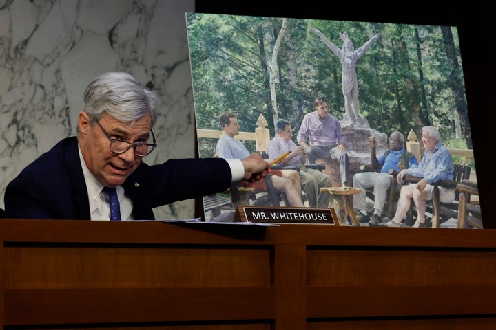 A painting commissioned by Harlan Crow shows Crow talking with Clarence Thomas and conservative judicial activist Leonard Leo. Both Crow and Leo have aided Thomas financially.