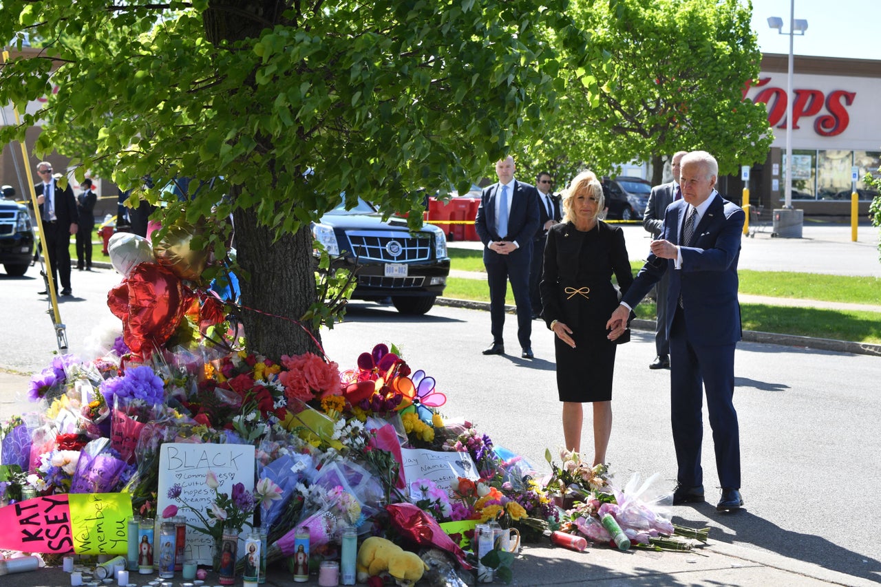 President Joe Biden and first lady Jill Biden visit a memorial near a Tops grocery store in Buffalo, New York, on May 17, 2022. 