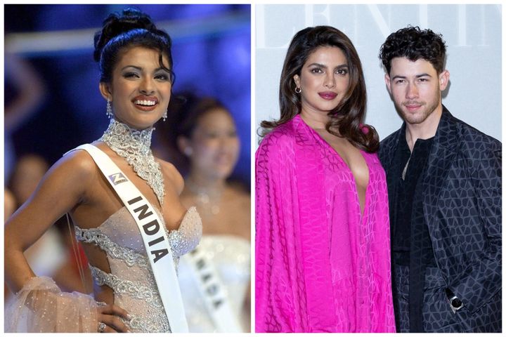 Priyanka Chopra winning Miss World in 2000, and Chopra with Nick Jonas in March.